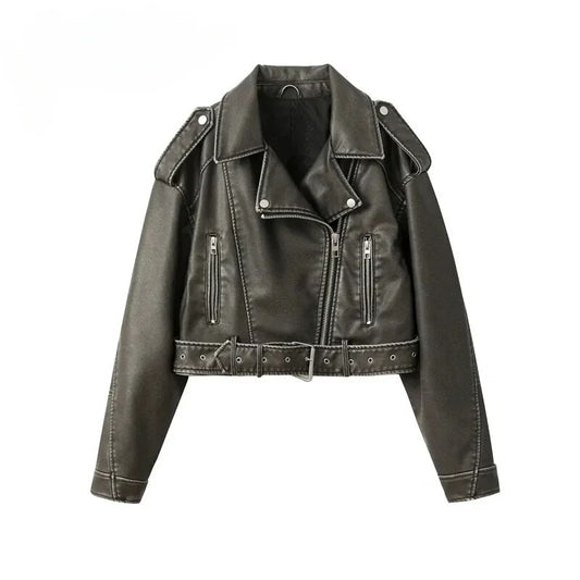 Gray style Women's Washed Leather Jacket