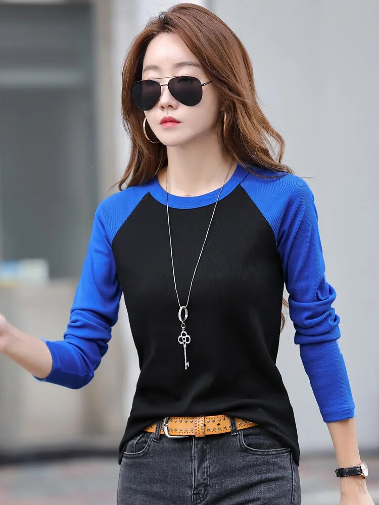 Cotton Slim T Shirt Women Contrast