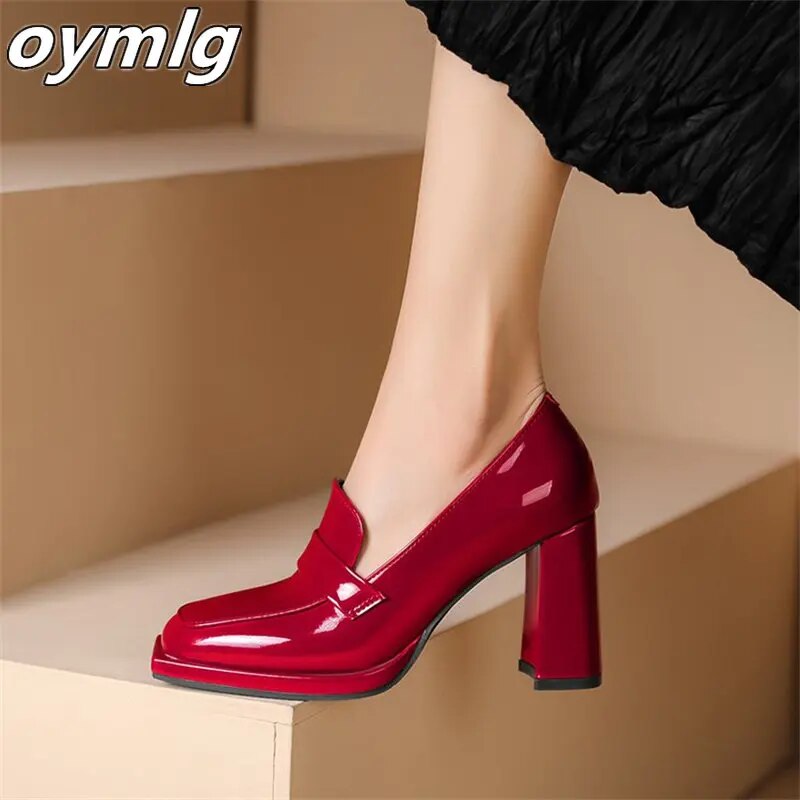 Square Head Thick Heel Patent Leather