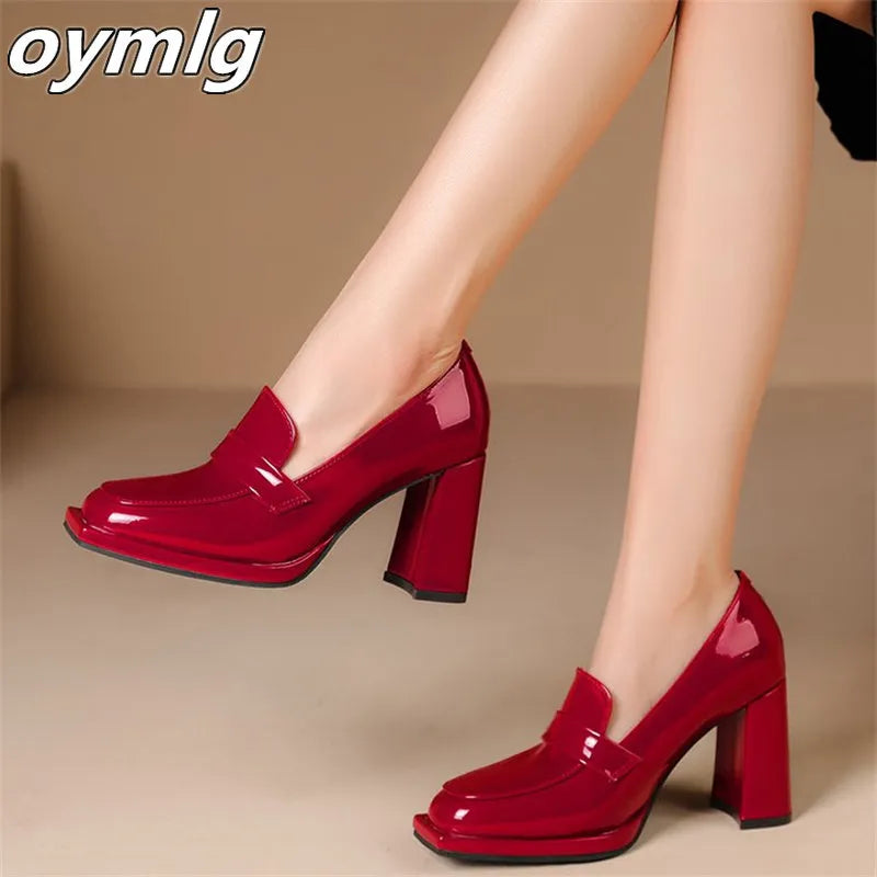 Square Head Thick Heel Patent Leather