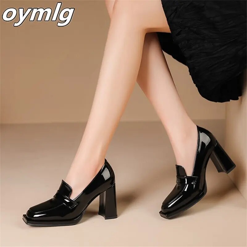 Square Head Thick Heel Patent Leather