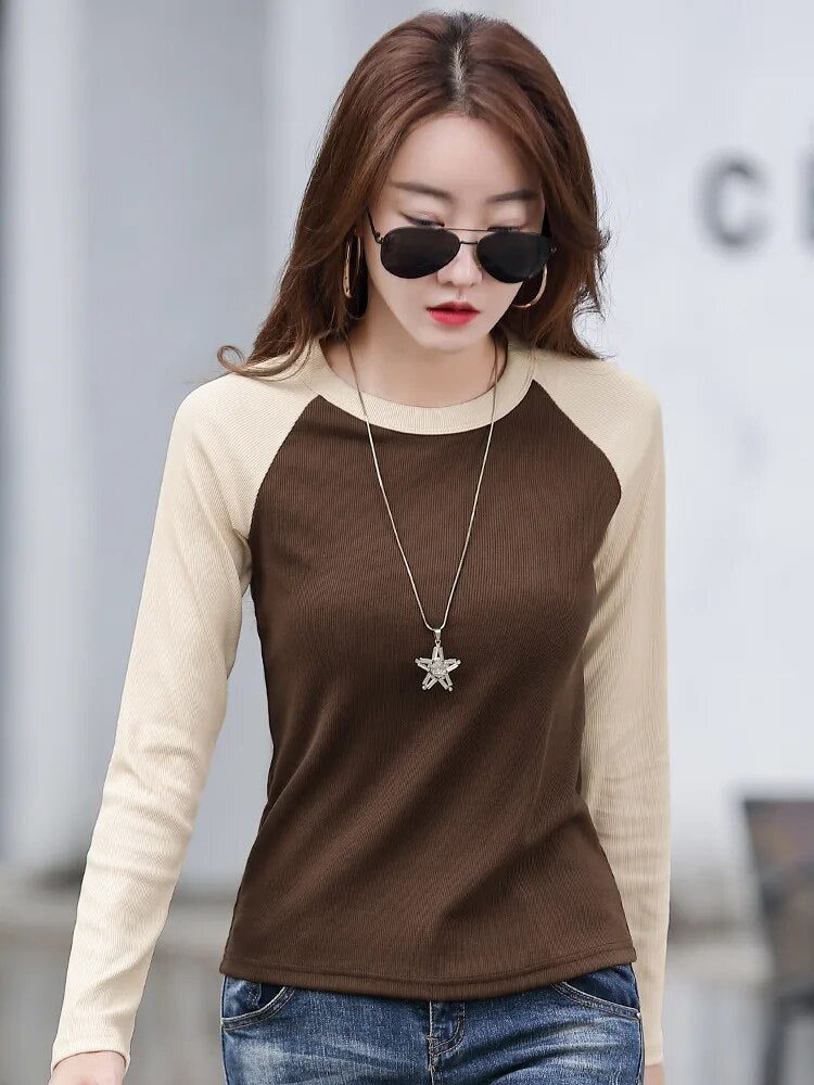 Cotton Slim T Shirt Women Contrast