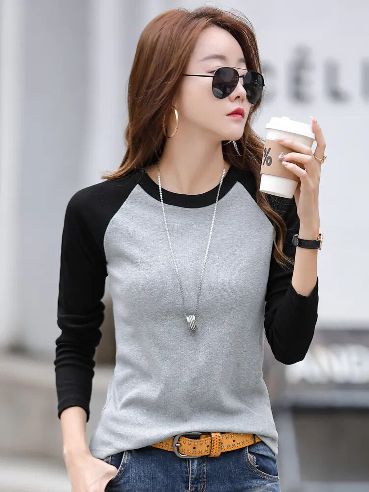 Cotton Slim T Shirt Women Contrast