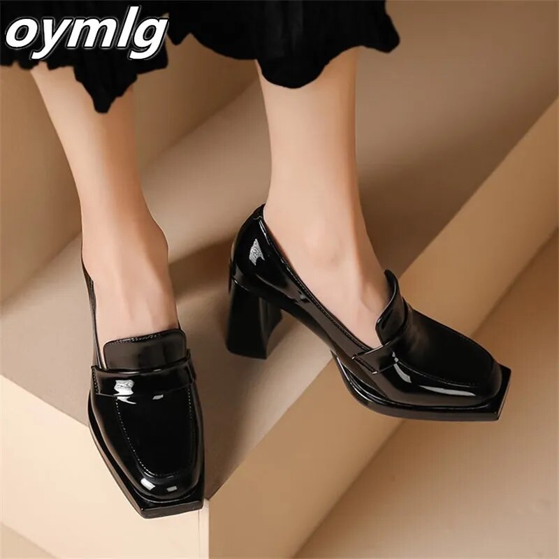 Square Head Thick Heel Patent Leather